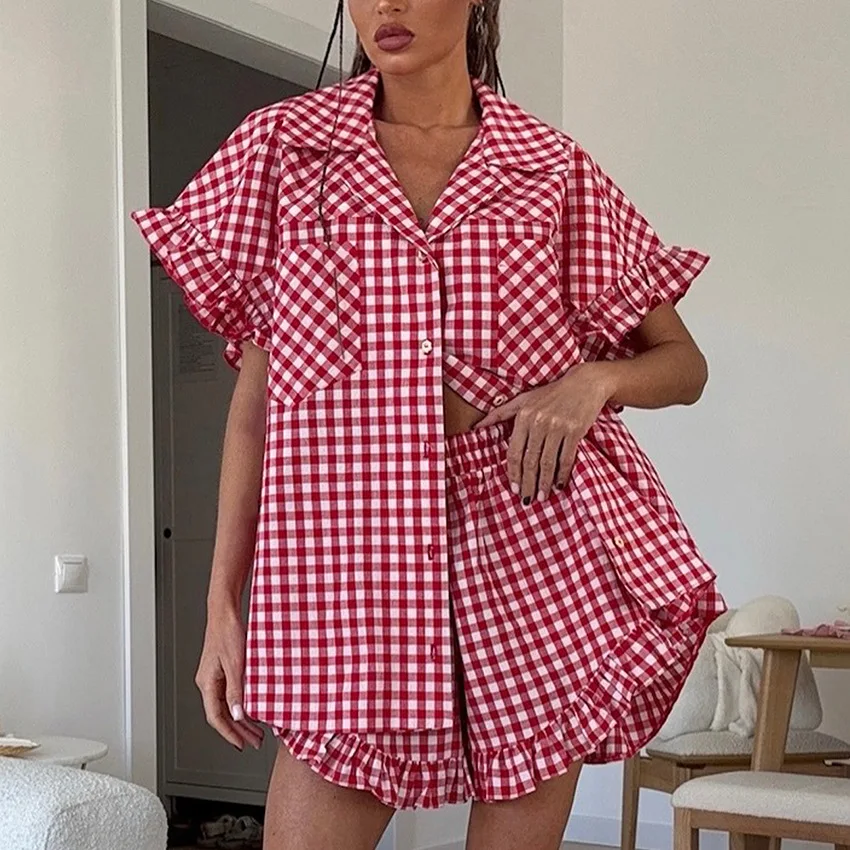Chic Style 2026 Simple Homewear Sleepwear Plaid Pure Cotton Pajamas Women Summer Casual Skin-friendly Comfortable Loungewear Y2K