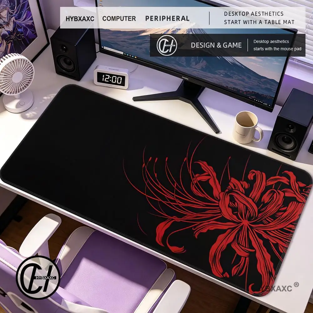 Japanse rode Lycoris Spider Lily gaming-muismat, effen zwarte antislip bureautoetsenbordmat met verlengde vergrendelrand