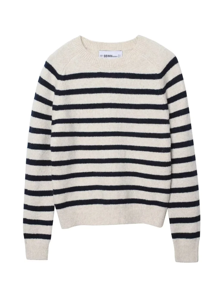

Lady Casual Striped Kintted Sweater Women Fashion Round Neck Full Sleeve Loose Short Pullovers Daily Commute Office Pullover