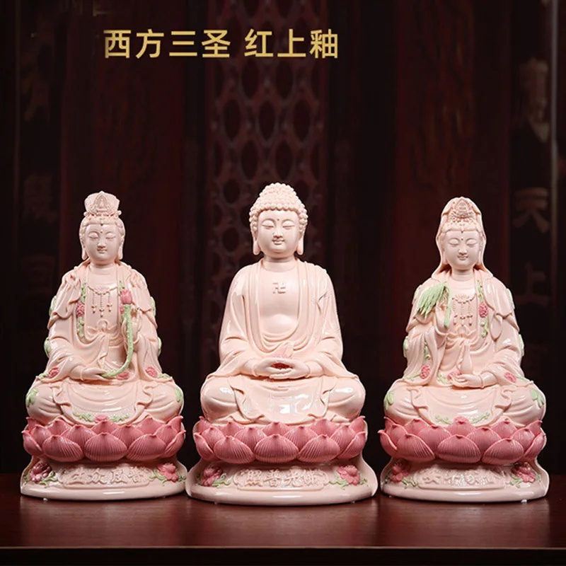 3PCS High grade Porcelain XI FANG SAN SHENG Buddha statue Amitabha Guanyin Mahasthamaprapta HOME shrine Efficacious protection