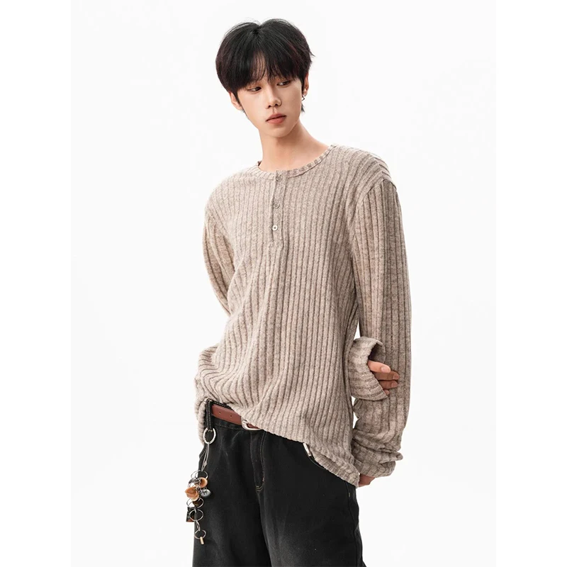 Men Ribbed Knit Henley Neck Long Sleeve T-Shirt Casual Solid Basic Tee Spring Autumn Loose Fit Texture Knitted Underwear Tops