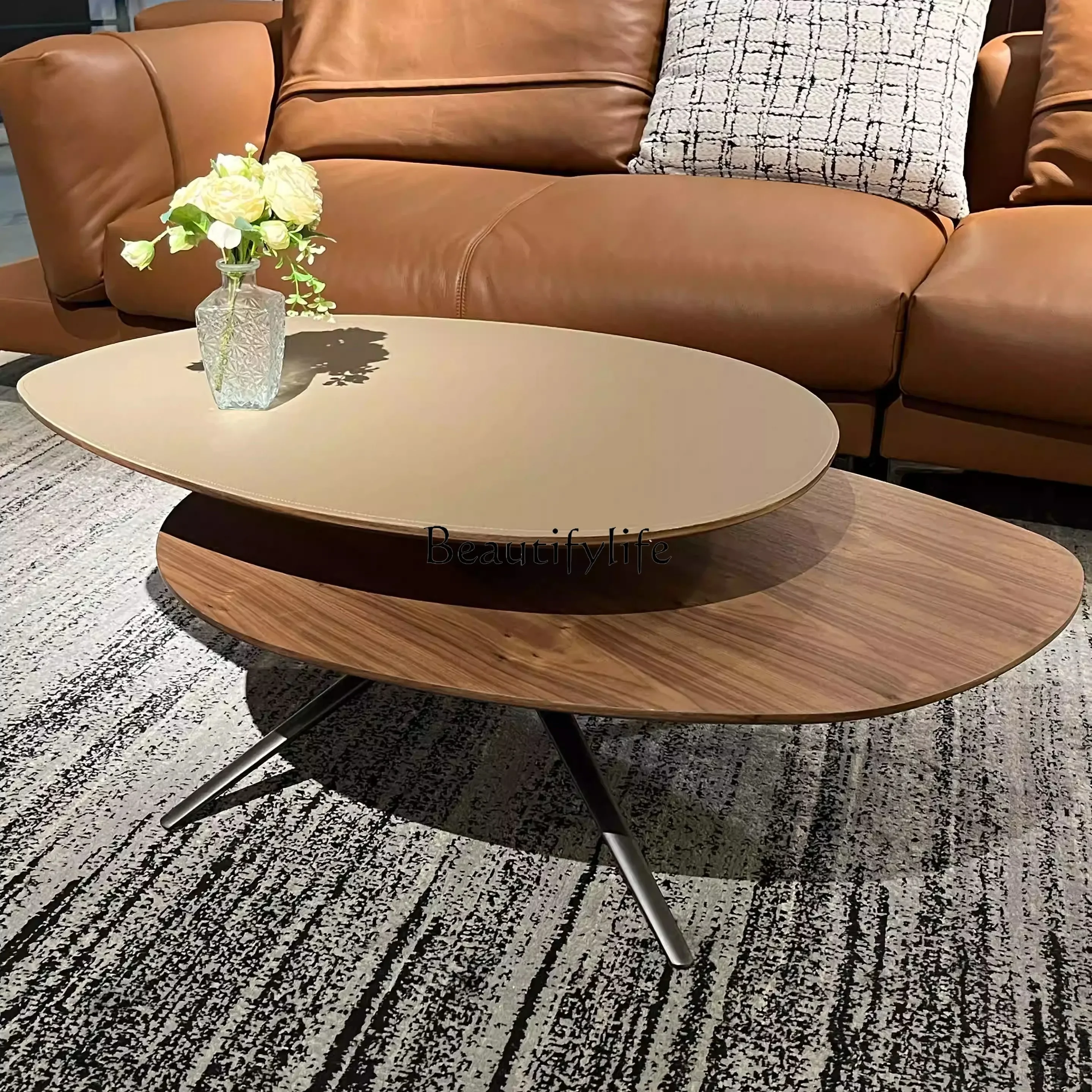

yj32 Saddle leather high-end rotating coffee table living room home art Italian minimalist