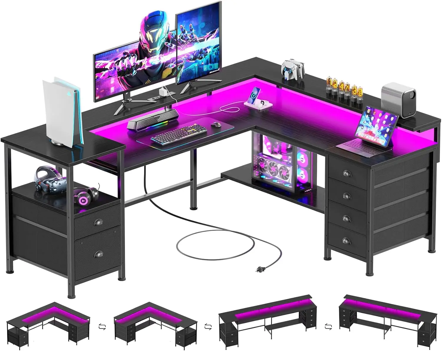 

66 Reversible L Shaped Gaming Desk with 6 Drawers & Printer Storage Shelves, Corner Computer Desk with Power Outlets &