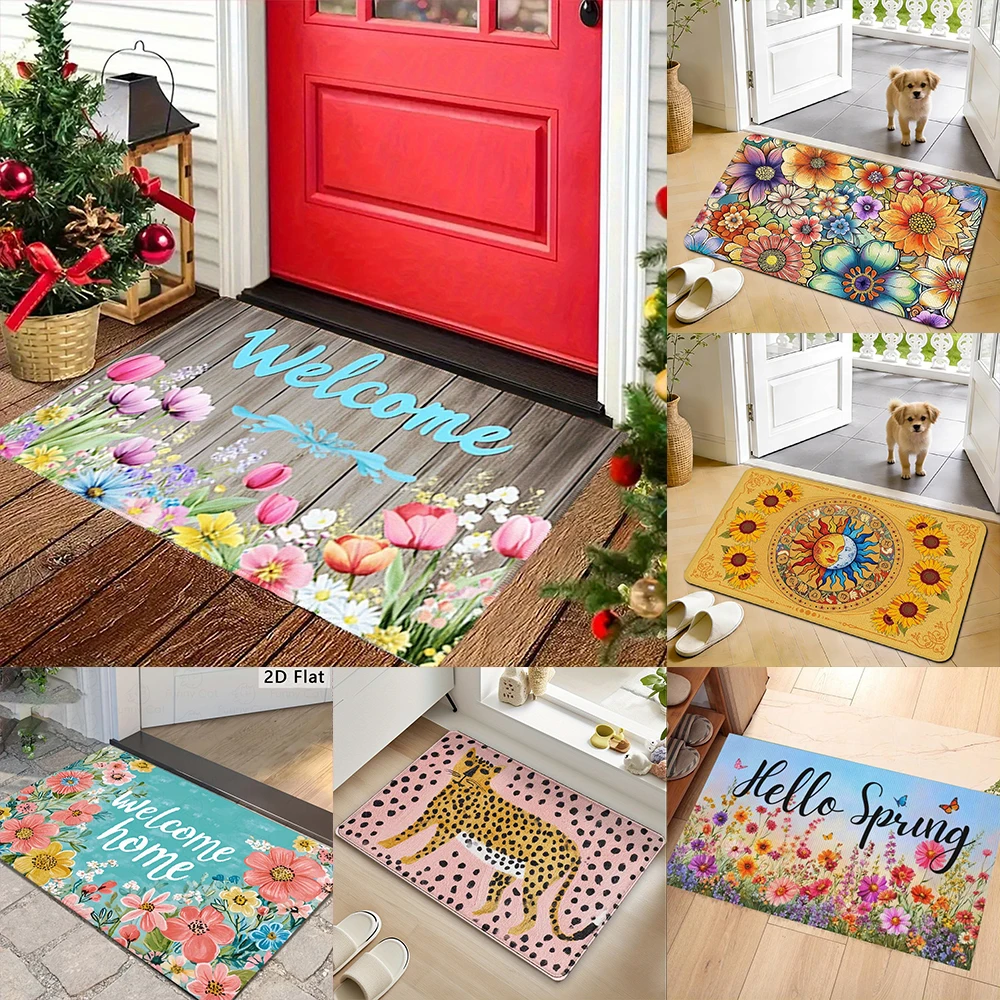 2D Flat-1pc Spring Hello Door Mats , Suitable for entrance, kitchen, living room, rectangular carpet decoration.
