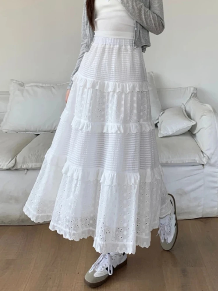 

White Hollow Long Cake Skirt Women Spring High Waist Lace Patchwork Ruffles A Line Midi Skirts Sweet Ballet Clothes