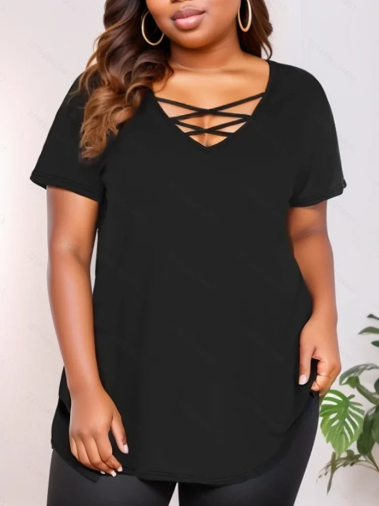 

Plus Size 1XL-5XL Women Fashion Solid Ribbed T-Shirt Ladies Casual V Neck Long Sleeve T-Shirt Women's Plus Size Clothing