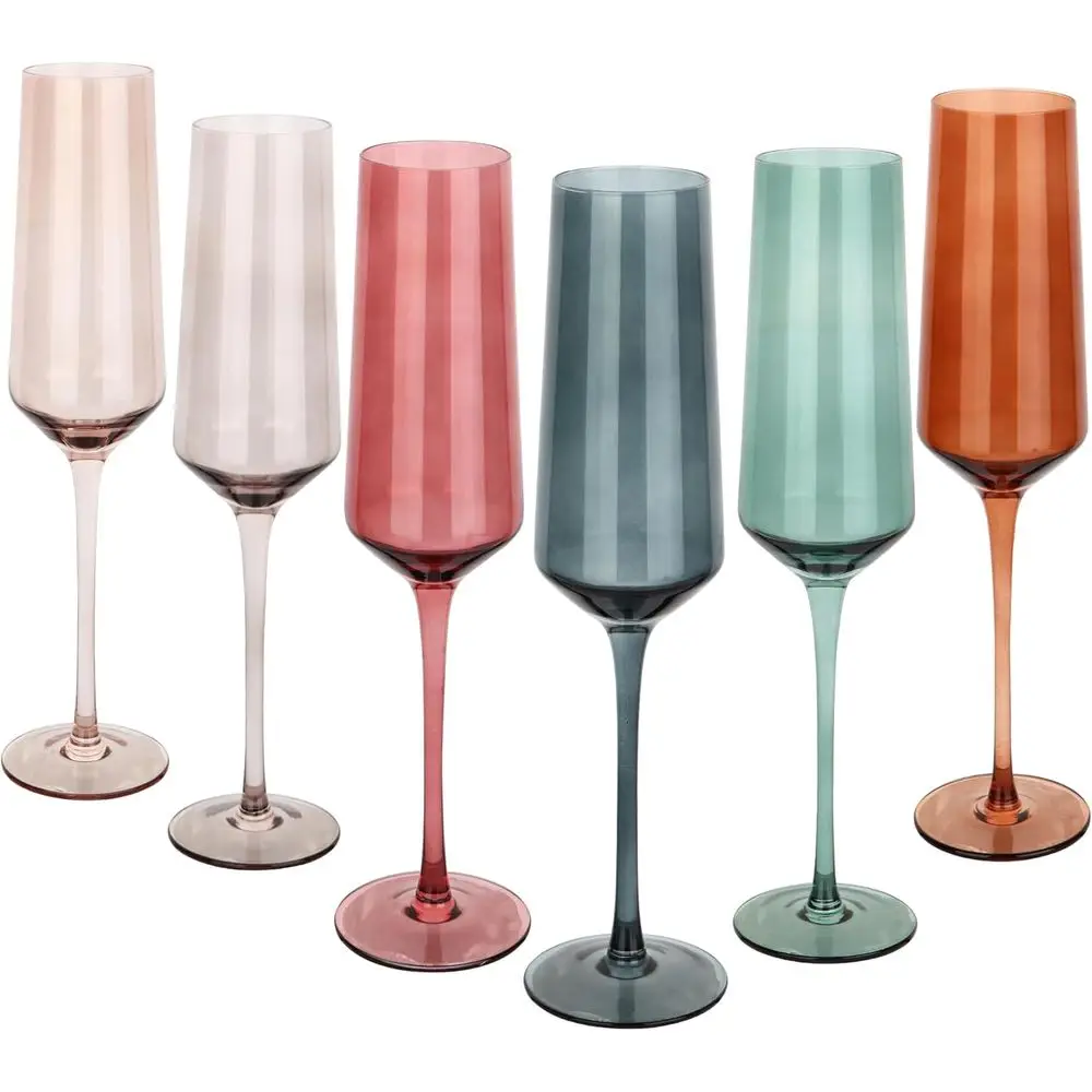 

Colored Champagne Flutes Set of 6, Large 8 Oz Hand Blown Crystal Glasses, Lead-Free Colorful Glasses, Italian Style Tall Stemmed