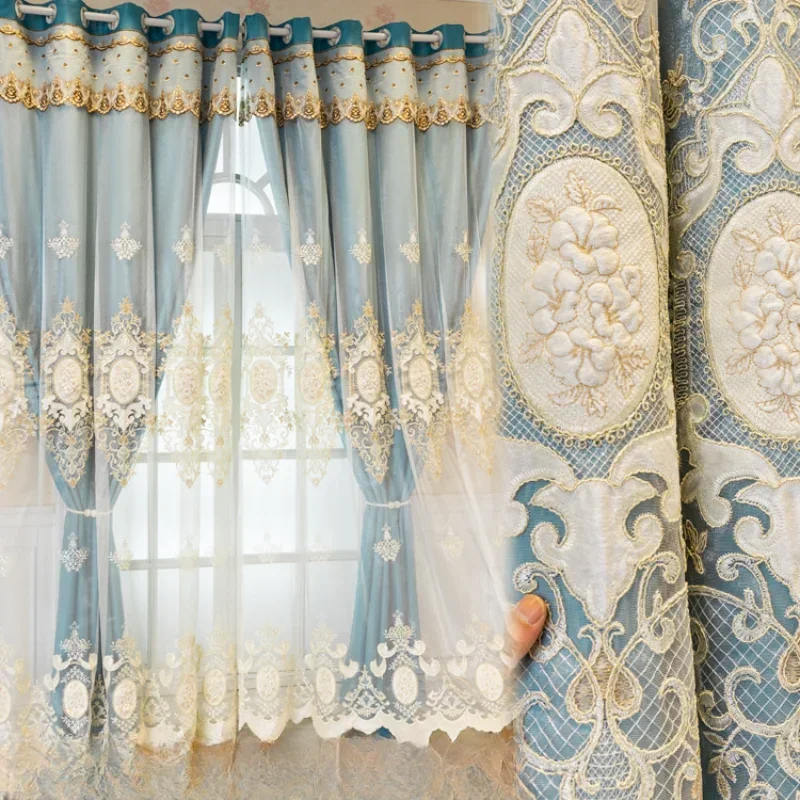 

European Embroidery Double-layer Luxury Curtains for Living Room Bedroom Blackout Cloth Tulle Integrated Lace Custom Simple