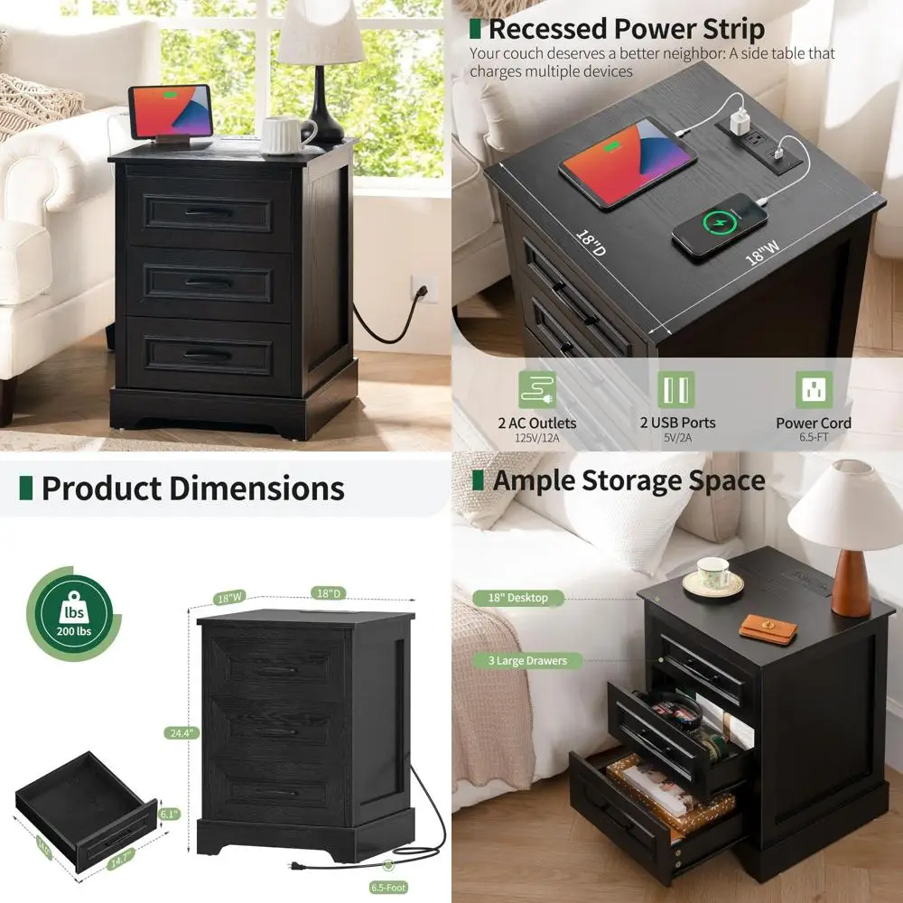Rustic Wood Nightstand with 3 Drawers, Bedside Table Storage, Farmhouse Style Charging Station