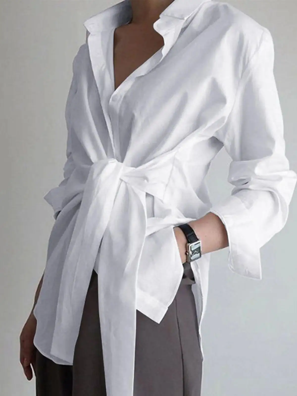 Loose Women's Long Sve irt Street Sle Polyester Material Regular Sve Flip Collar Pure Color Chinese Production