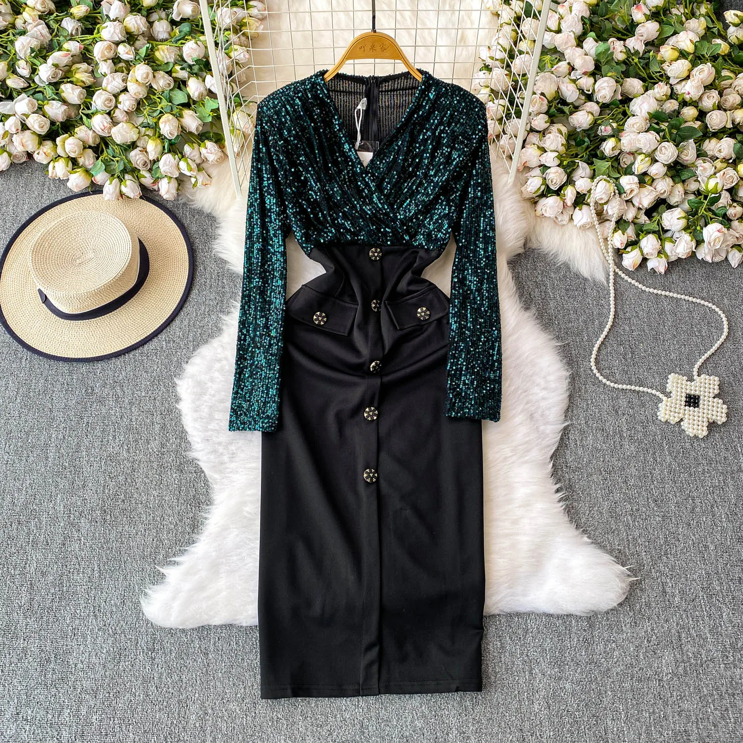 Chic vintage sexy V-neck sequin button long sleeve slim Elegant Fairy korean fashion Boho Sundress women clothing