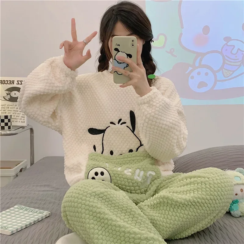 Pajamas Women Autumn and Winter Rose Fleece Crew Neck Cute Cartoon Thickened Fleece Warm Coral Fleece Loungewear Set Pajamas