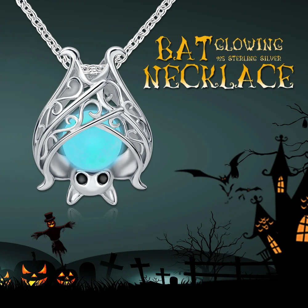 925 Sterling Silver Accessories Glowing Bat Necklaces Luminous Animal Pendant Chains For Women 2025 Halloween Fine Jewelry Gift