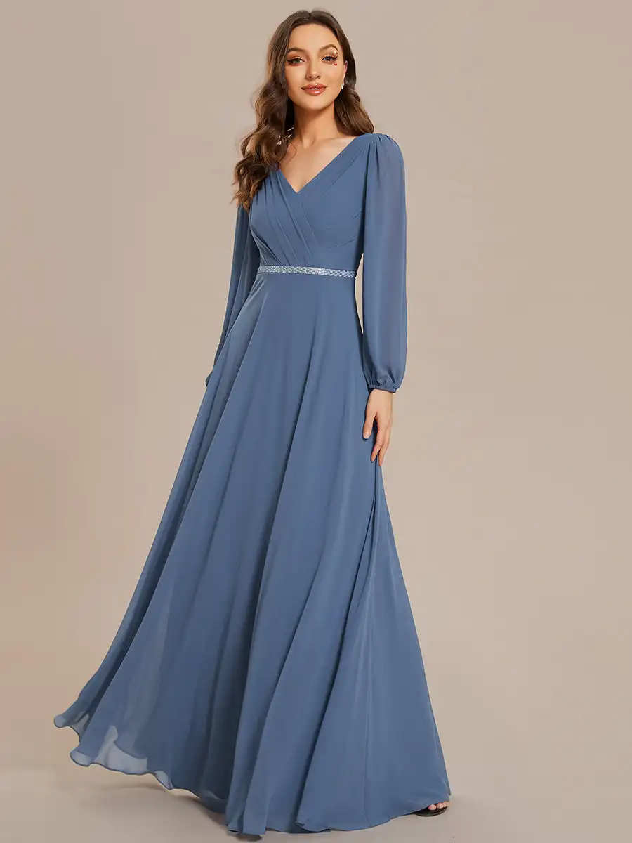 Elegant Evening Dresses Waisted V-neck long sleeve Sequins Floor-Length 2024 Ever pretty of Chiffon Dusty Navy Bridesmaid dress