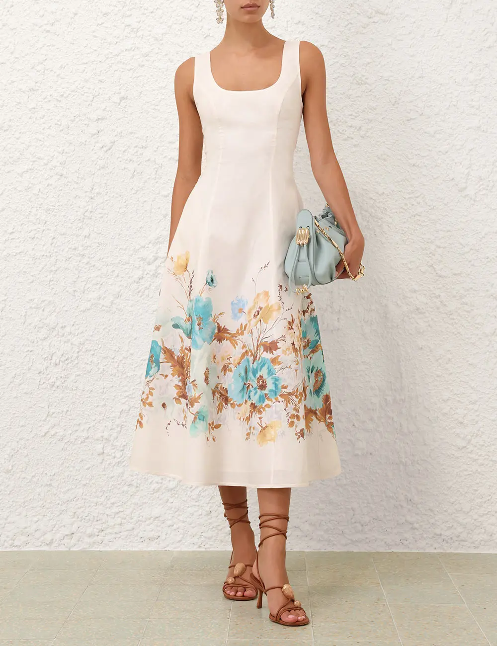 

Pure Linen 2025 New Beach Style White Sleeveless Floral Print Cut Out Lace-up Backless Women Midi Dress