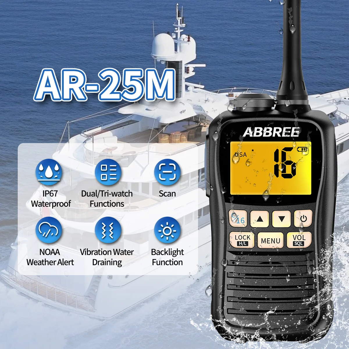 ABBREE AR‑25M VHF Marine Handheld Radio Transceiver IP67 Floating Waterproof NOAA Weather Alert Two‑Way Walkie Talkie for Boats