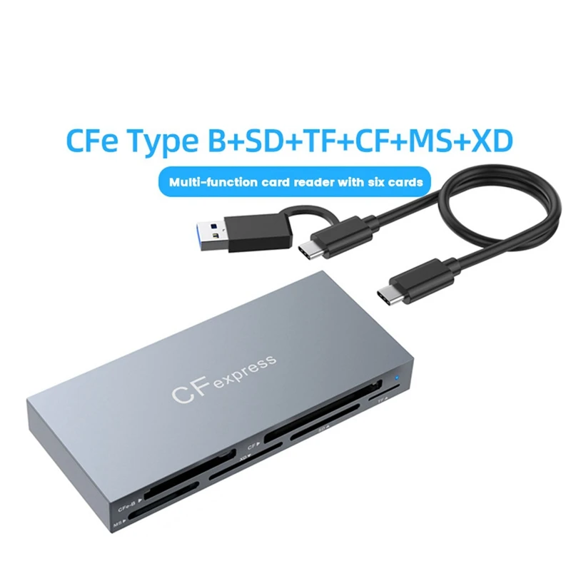 6-In-1 Cfexpressb Card Reader, USB 3.2 Card Reader For SD/TF/MS/XD/CF Memory Card Adapter Read 6 Cards Simultaneously