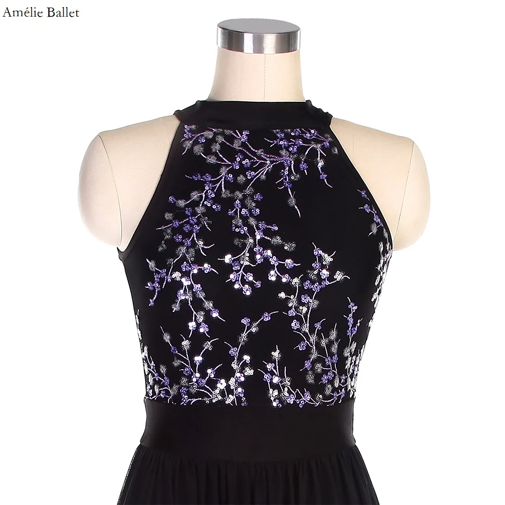 Costume de danse lyrique et contemporaine pour adulte, col licou, corsage noir en spandex et paillettes, robe longue en maille pour ballet et phtaline, 20191