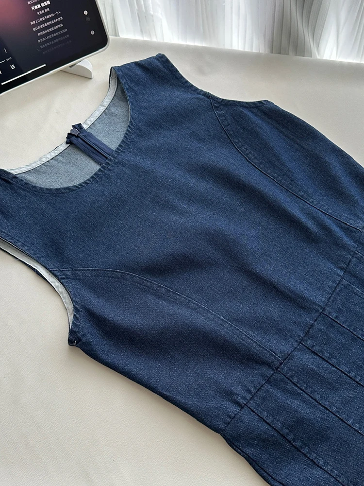 Summer Women Old Money Korean Vintage Sleeveless Denim Dress Korean Pleated Frocks O-Neck One-Piece 2000s Aesthetic Party