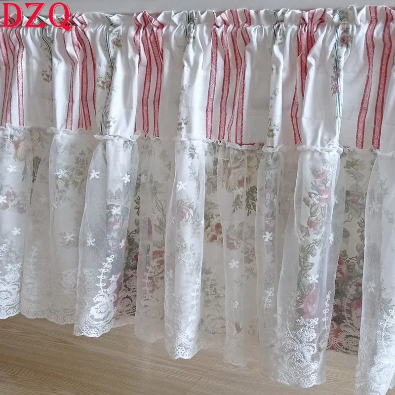 Double Layer Korean Flowers Lace Short Curtains for Living Room Japanese Pastoral Floral Stripe Half Curtains for Kitchen #A519