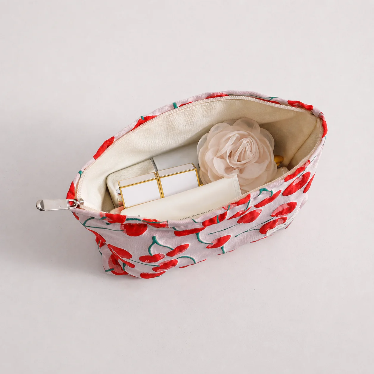 Cherry Print Canvas Portable Clutch Cosmetic Bag Travel Makeup Skincare Storage Pouch for Women