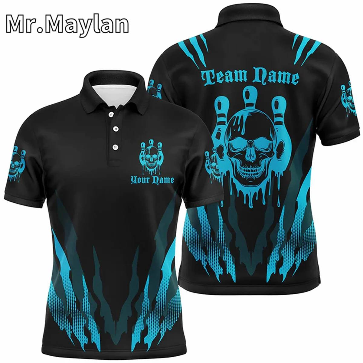 3D Custom Bowling Black Polo Shirt For Men Purple Bowling Pin Skull Team Tournament Jerseys Outfits Gift For Bowlers Unisex Tops