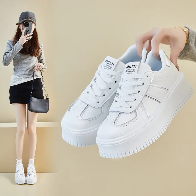

2025Autumn New Thick-Soled Genuine Leather Platform Shoes for Petite Women, Casual Versatile Fashionable Lightweight White Shoes