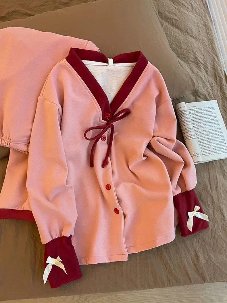 

Комплект домашней одежды больших размеров (до 136 кг) из бархата с милым узлом, женский, весенне-осенний, теплый, с длинным рукавом, свободного кроя