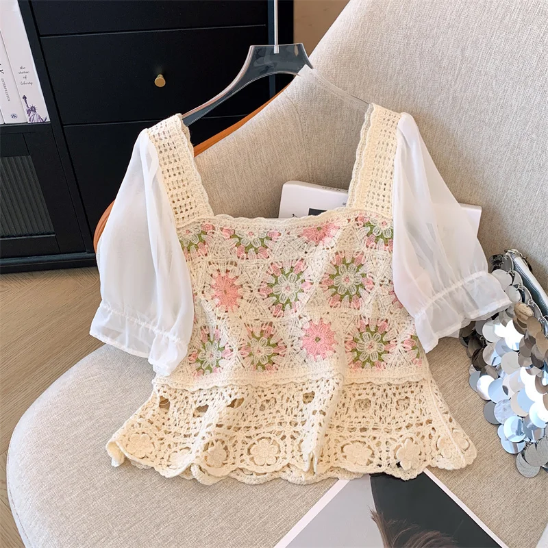 

Floral Embroidered Crochet Blouse Open-stitch Knit Chiffon-Sleeve Square Neck Shirt Women Spring Summer 2026 Retro Boho Chic