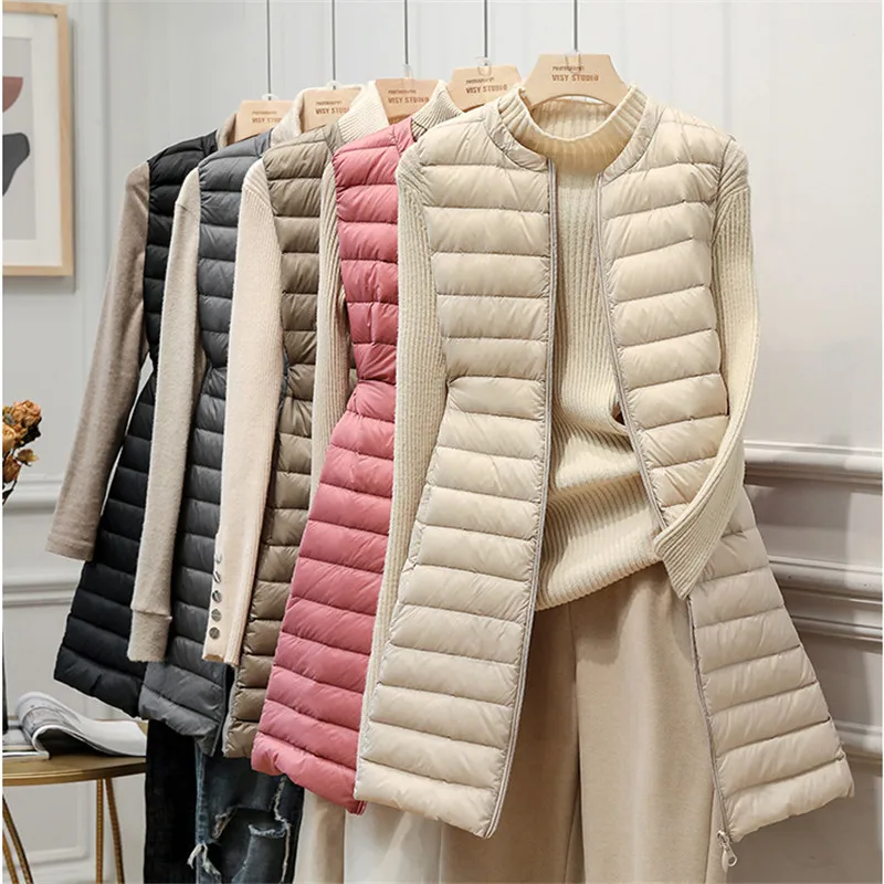 2022 Autumn Winter Ultra Light White Duck Down Vest Jacket Women O Neck Long Waistcoat Coat Female Sleeveless Outwear Parkas