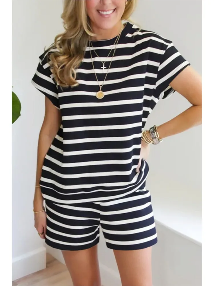 

White Black Stripe T-shirts And Shorts Summer 2 Piece Set 2025 New Round Neck Tee Top + Shorts Set Casual Fashion Women Outfits