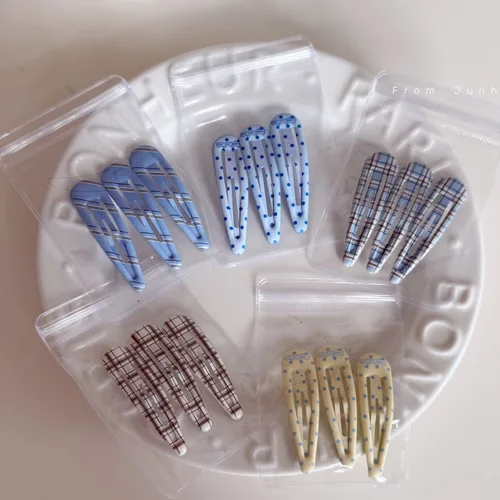 Imagen 1 del producto Horquilla azul a cuadros para niña, clip BB con forma de gota de agua, flequillo de pelo roto, conjunto de lunares de estilo británico, horquilla