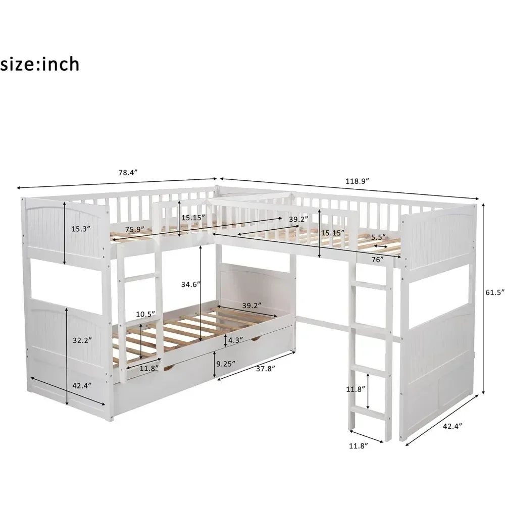 L Shaped Bunk Bed, with 2 Drawers and 2 Ladders, No Box Spring Needed,Wood Bunk Bed Frame