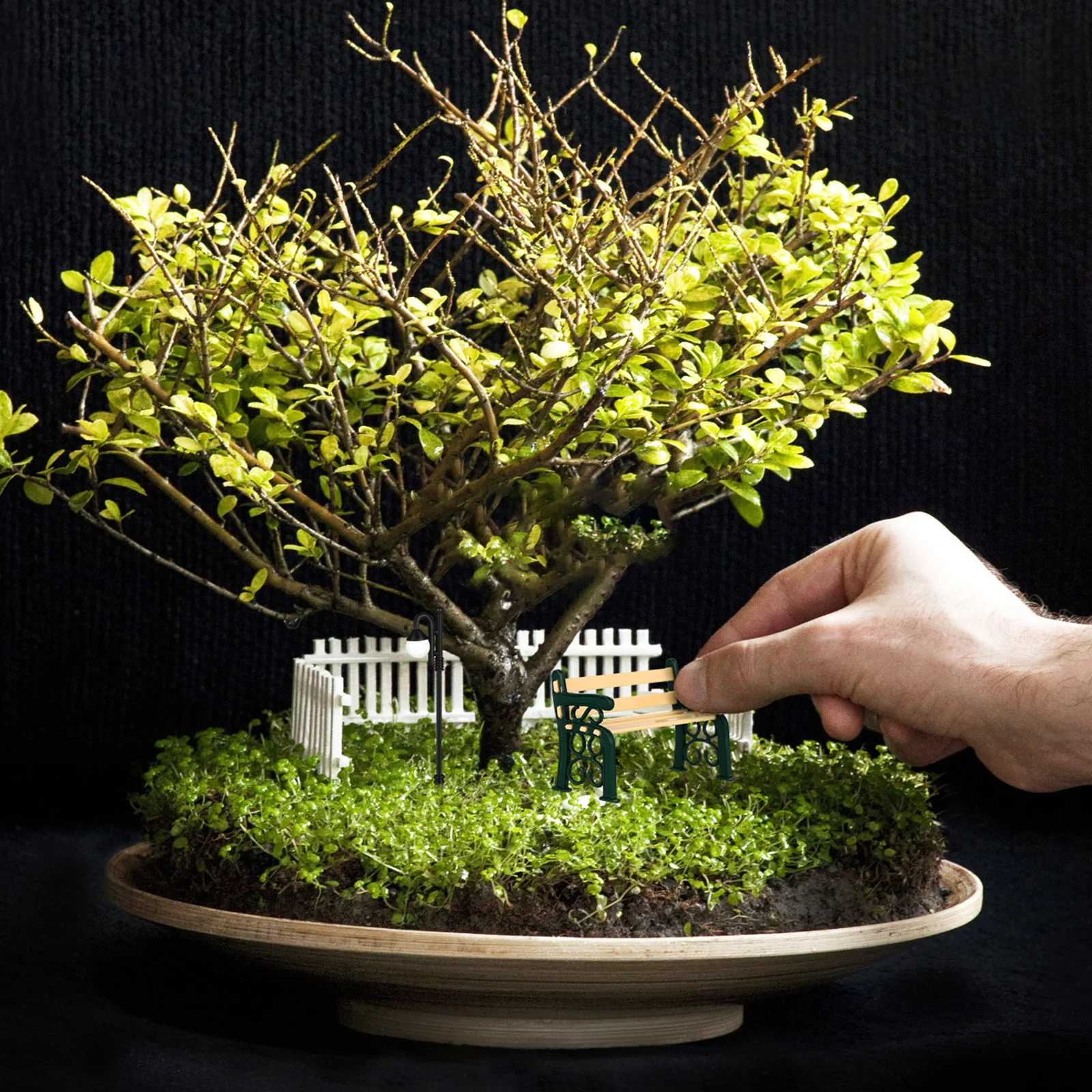 1 مجموعة مصغرة بارك مقعد سبيكة دمية الأثاث البسيطة ضوء الشارع ديكور حديقة صغيرة المشهد تخطيط مصباح مصغر