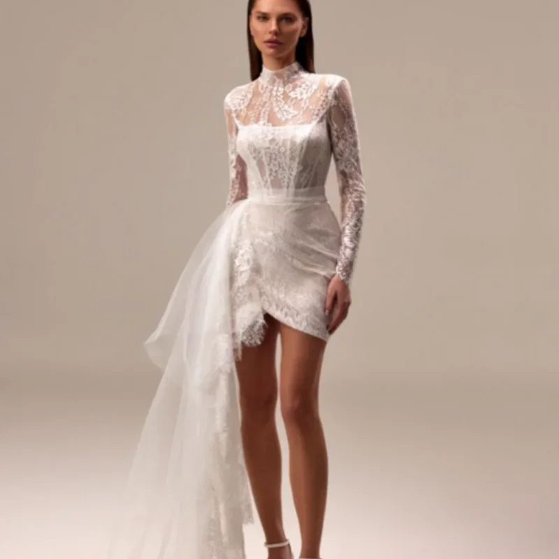 

Customized Lace Wedding Dresses Falling Tulle Short Prom Party Bride Gown Women High Neck Simple wedding dress