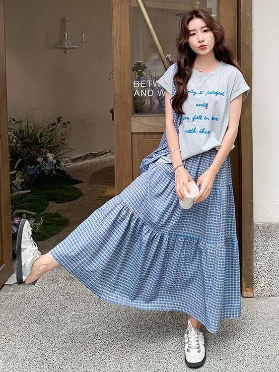 

Повседневный комплект с клетчатой юбкой Spor, женский летний утягивающий костюм из двух предметов, футболка, круглая Ne ort Sve Faionable