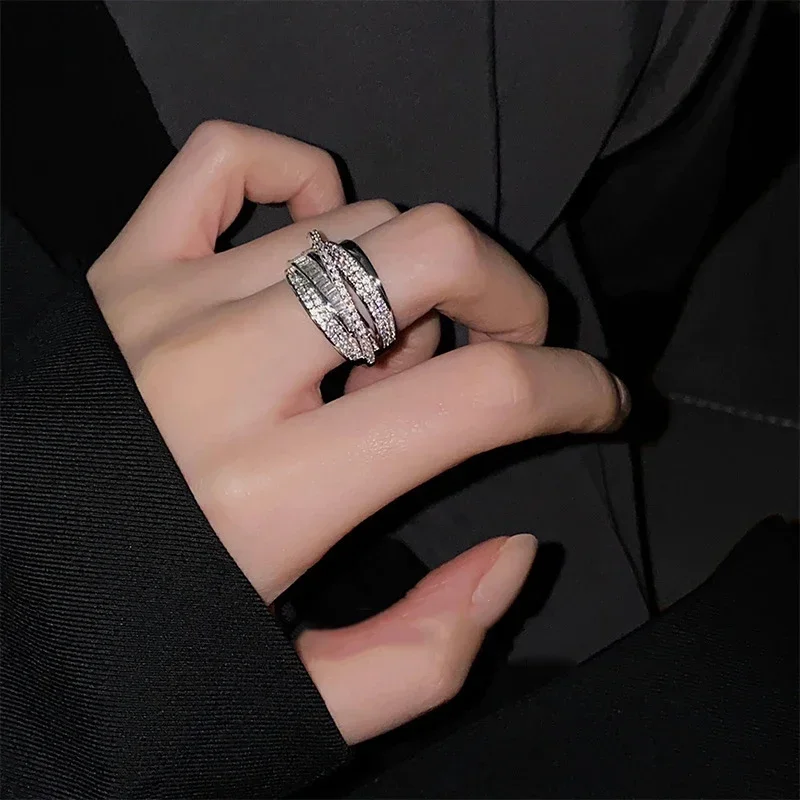 Silver Color Rhinestone Ring Multi-layer Winding Rings For Women Wedding Full Zircon Finger Rings Jewelry Gifts