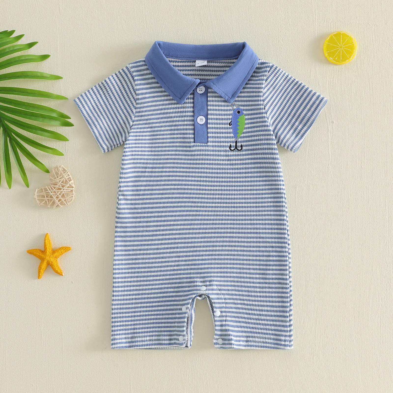 Baby Boys Rompers Stripe Print Angling Embroidery Buttons Turn Down Collar Short Sleeve Waffle Infant Bodysuits Jumpsuits