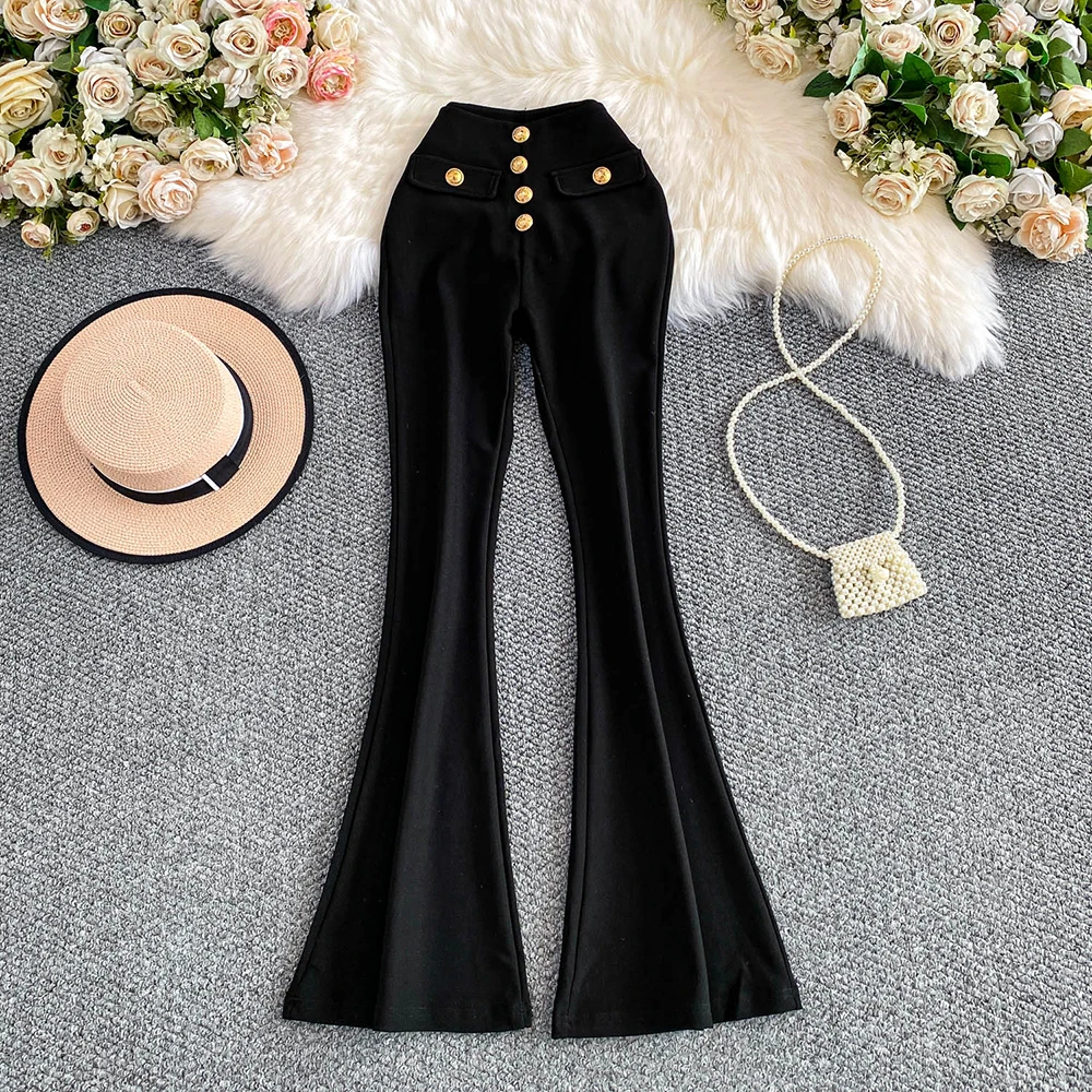 Black Light Luxury Flared Jeans Women Side Zipper High Waist Gold Buttons Full Trousers Spring Autumn Commute Denim Pants