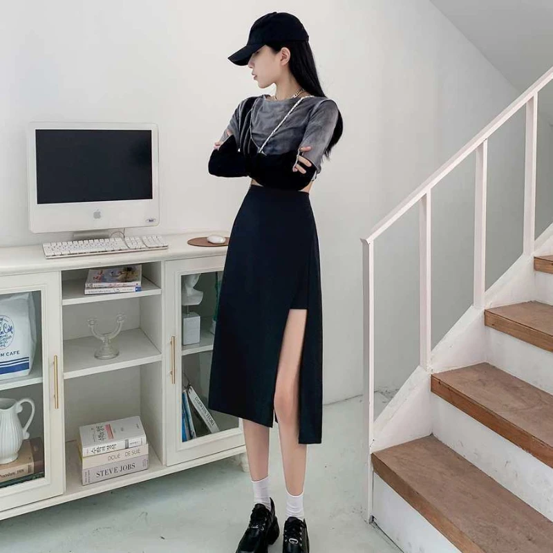 Women Midi Skirts Split Solid Office Lady All-match Outwear Daily Vintage Spring Summer New Design Leisure Seductive Ulzzang