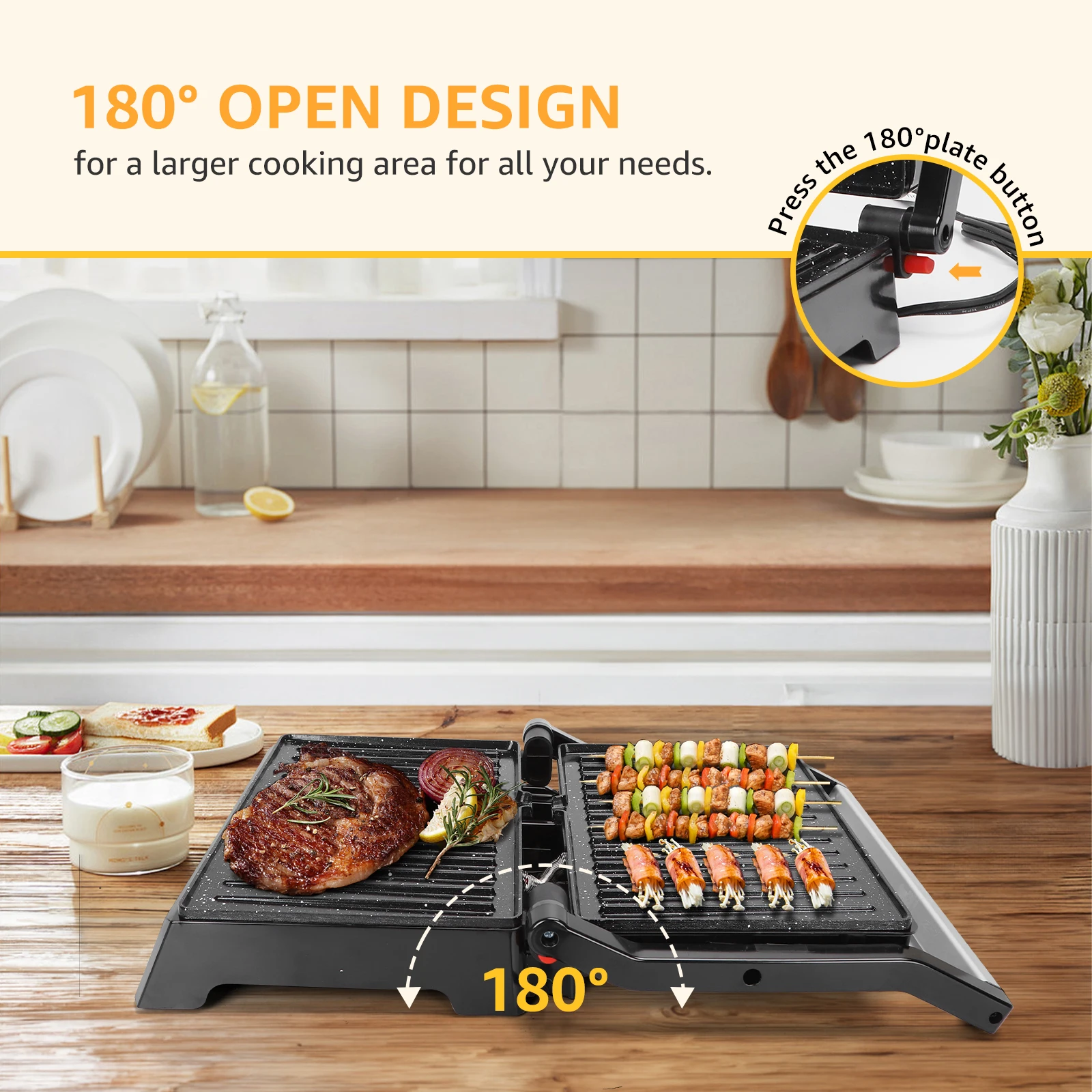 Aigostar Hett Pro Panini Maker/لوحة محمصة، طلاء حجر صديق للبيئة غير لاصق، صينية شحم، مكبس ساندويتش، مقلاة شواء كهربائية، 1500