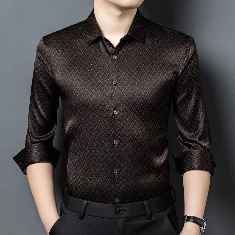 Men Thin Long-sleeved Lapel Shirt Silk Business Casual Shirt Spring New