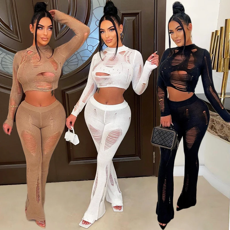 

Knitted Two Piece Set Sweater Hollow Top Women Luxury Elegant Outfit 2022 Crochet Cropped Knit Tops Winter 2 Piece Suit Pant Set