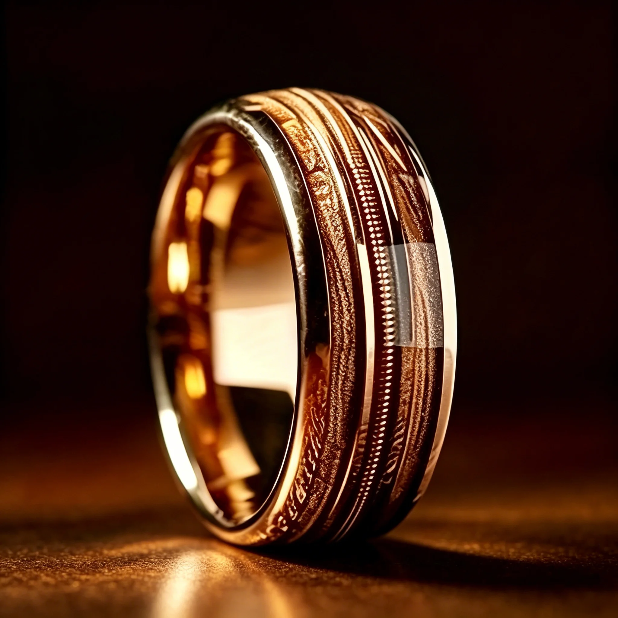 Fashion 8mm Rose Gold Color Stainless Steel Guitar String Rings for Men Inlay Hawaiian Koa Wood Rings Wedding Band Jewelry Gifts
