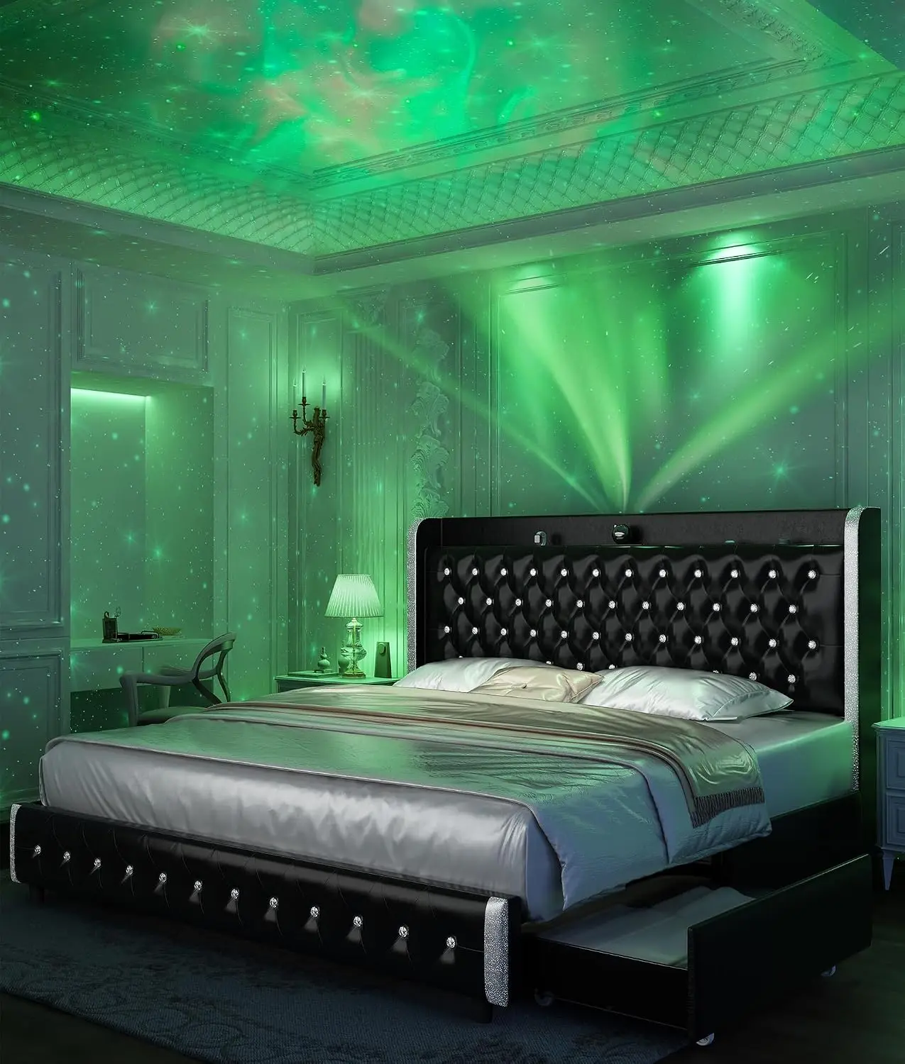 Wingback Queen Bed Frame with LED Lights, 4 Drawers, USB Ports, Noise-Free Slats, No Box Spring, PU Black, Customized