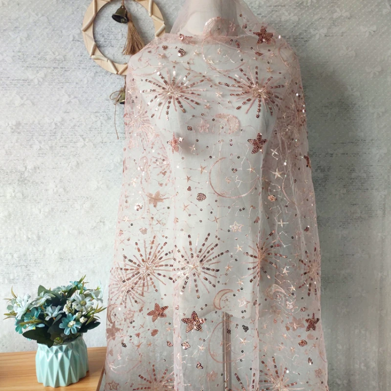 

Тюль, трехмерная вышивка, звезды, блестки, кружевная ткань для платья, детская одежда по метрам, розовый, светло-оранжевый и синий