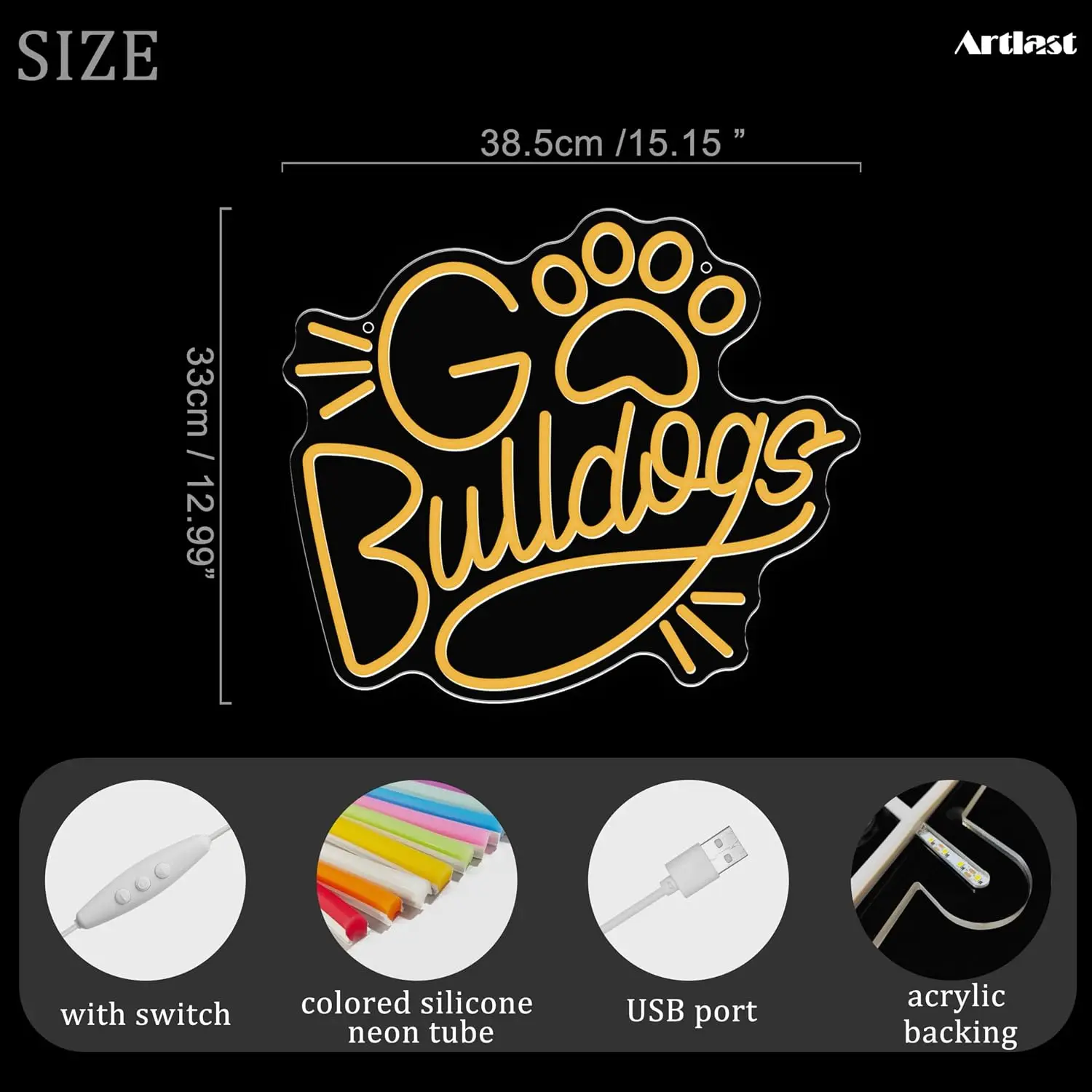 Go Bulldogs Neon Sign USB Powered Dimmable LED Neon Light for Man Cave Bar Club Game Room Bedroom Wall Decor Personality Gifts