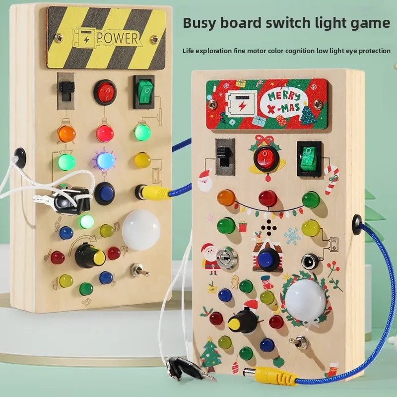 Wooden Life Skills Busy Board Educational Toy with Light Switch Control Montessori Learning Activities Sensory Toys for Toddler