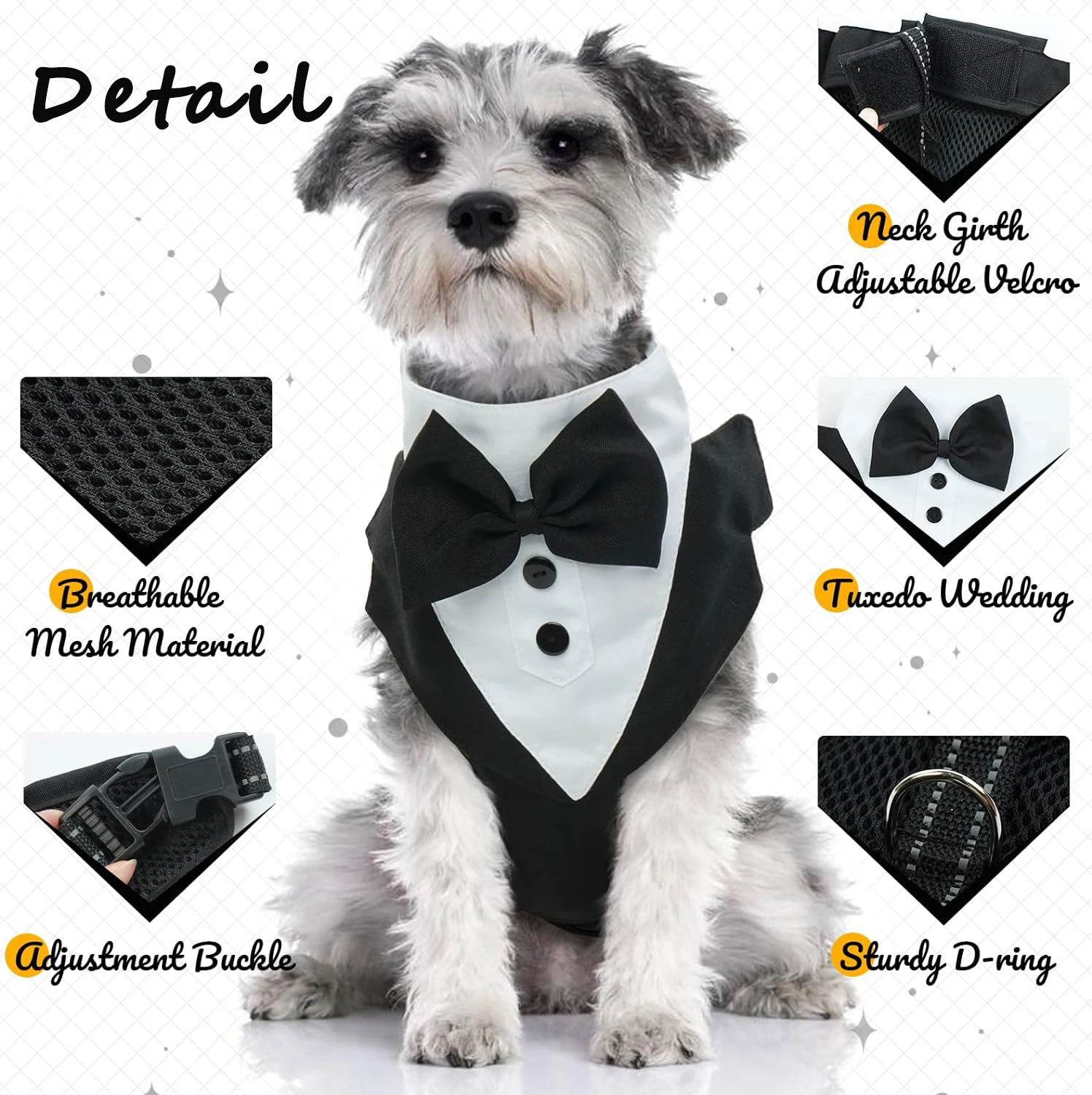 Dog Tuxedo Harness Breathable Engagement Birthday Valentines Costume Adjustable Bow Tie Pet Vest Harness for Small Medium Dogs