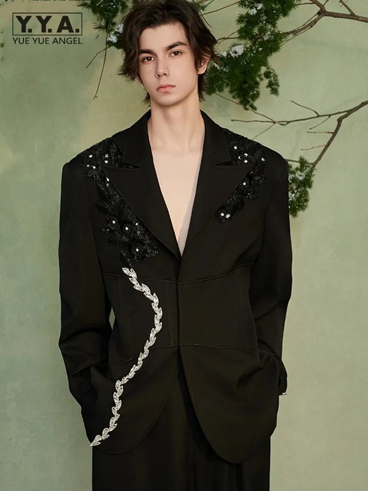 

Fashion Mens New Chinese Style Bead Diamonds Shiny Blazers Suit Collar Casual Loose Fit Jacket Stage Host Chic Outerwear Coats